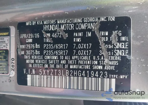 2017 Hyundai Santa Fe Sport 2.4L from USA, damaged, VIN 5XYZT3LB2HG419423